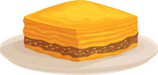 Square piece of baklava with pistachio filling sitting on white plate