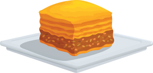 Delectable baklava, with its golden layers and rich filling, rests enticingly on a square plate, ready to satisfy any sweet craving