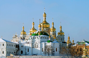 Winter landscape of the Kyiv Pechersk Lavra: golden domes of the churches of the upper monastery