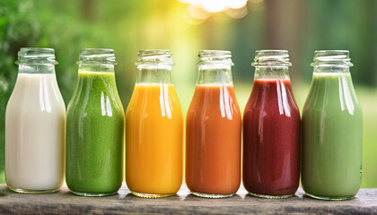 Glass bottles filled with green, yellow, orange and red smoothies. Delicious detox drink. Tasty juice.