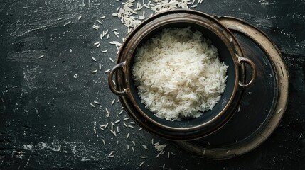 a brown clay pot filled to the brim with white long-grain steamed rice, presented in a bowl on a black or white background, captured from an overhead perspective.