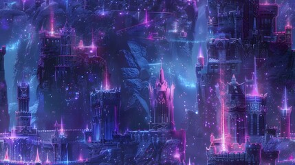 Enchanting Fairy Tale Castle Towers with Neon Glow and Mystical Shimmering Lights in Fantasy Renaissance Twilight Ambience