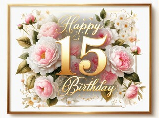 Elegant 'Happy 15th Birthday' greeting card with gold lettering and beautiful pink and white flowers