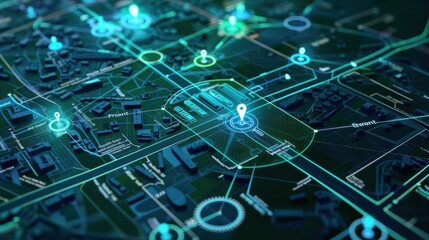 Smart grid map with realtime data overlays, energy management theme, front view, illustrating smart grid capabilities, advanced tone, analogous color scheme