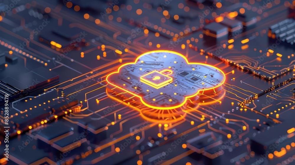 Poster futuristic cloud computing concept with glowing chip and secure lock symbol 3d illustration
