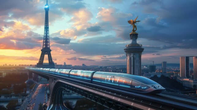 futuristic eiffel tower in paris with levitating maglev train science fiction cityscape concept ai generated art