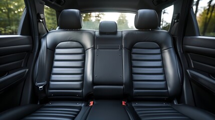 Luxurious front view of black leather rear seats in stylish modern luxury vehicle