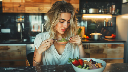 Beautiful young woman eating a smoothie bowl in a modern kitchen