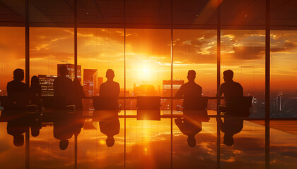 Silhouettes of a Diverse Business Team in a Modern Office with a Stunning City View at Sunset