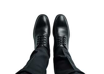 A pair of black shoes on a person's feet against a white background, showcasing a clean, professional look. Generative AI