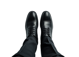 A pair of black shoes on a person's feet against a white background, showcasing a clean, professional look. Generative AI