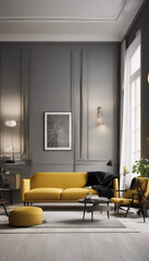 Modern interior design of scandinavian apartment living room with yellow sofa sideboard and black ar