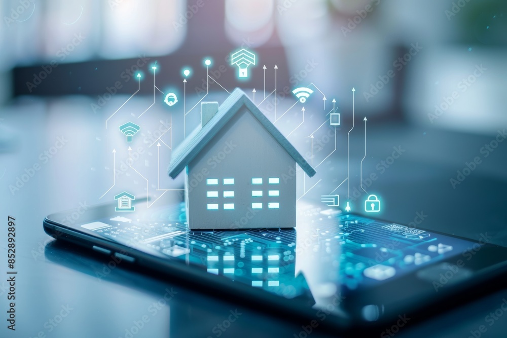 Poster smart home concept with house on phone screen and device icons for iot automation