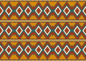 No.111.Ethnic Geometric Pattern with Diamonds and Zigzags in Yellow, Green, and Orange