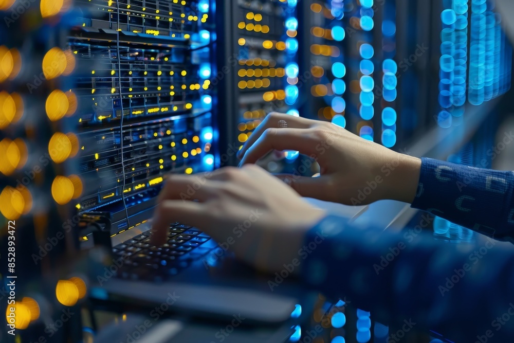 Poster computer engineer in server room with data center background, digital technology concept