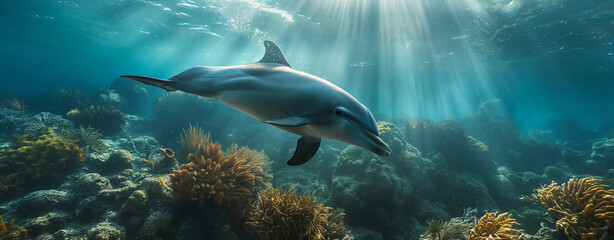 A dolphin swimming in the ocean. Underwater photography, high definition, ultra realistic in the style of unknown artist