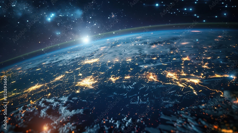 Poster global connectivity illuminated digital earth centered on asia and middle east futuristic cyber netw