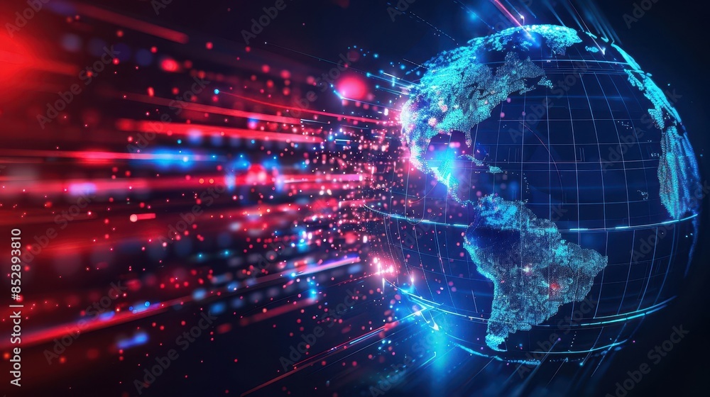 Poster global network connectivity concept digital world globe centered on usa with data transfer
