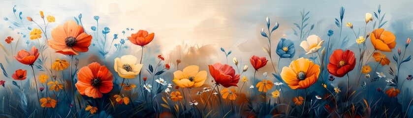 Colorful floral painting with poppies and wildflowers.