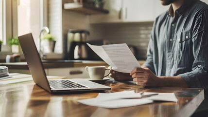 Professional Man Analyzing Document Laptop Desk Home Office