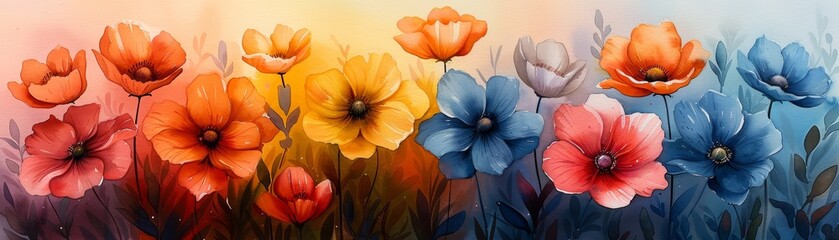 Fototapeta premium Colorful flower field with a soft, dreamy light.