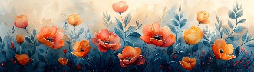 Colorful watercolor painting of a field of blooming flowers.