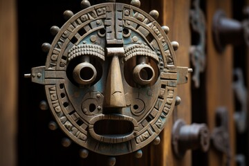 an ancient mayan mask on a wooden door