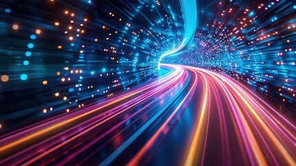 glowing 3d abstract technology background with fast speed light trails in cyber space futuristic scifi rendering