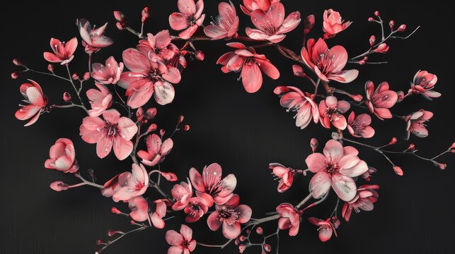Pink cherry blossoms arranged in a circle on a black background.  Perfect for spring, floral, or nature themed designs.