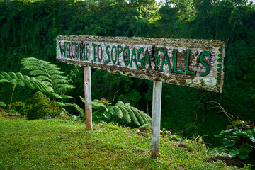 Sign to welcome tourists to Sopo'aga waterfall in Samoa