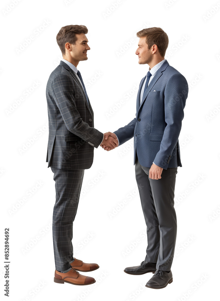 Poster two men in business attire shaking hands, displayed in a realistic style on a white background, conc