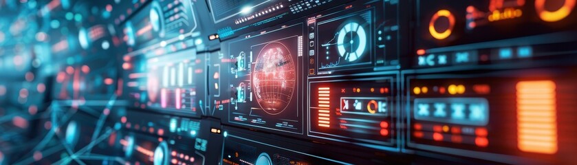 Automation control panel in a smart manufacturing plant, hightech interface theme, front view, highlighting realtime system monitoring, digital tone, colored pastel