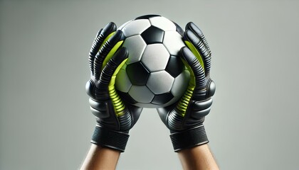 A realistic image of gloved hands holding a black-and-white soccer ball, with neon yellow accents on the gloves.
