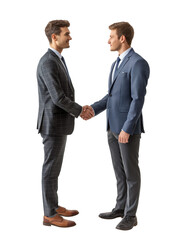 Two men in business attire shaking hands, displayed in a realistic style on a white background, concept of professional agreement. Generative AI
