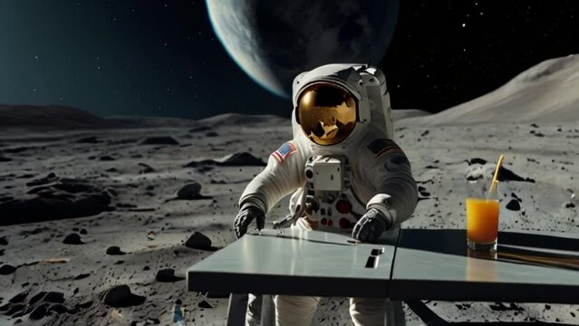 An astronaut is relaxing on the moon with several planets in the background.