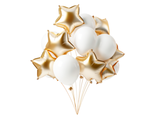A bouquet of gold and white star-shaped balloons isolated on a white background, concept of celebration. Generative AI