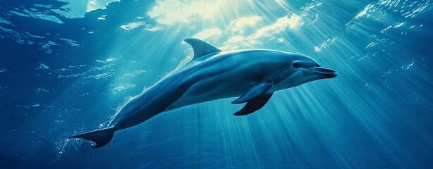 Fototapeta premium A dolphin swimming in the ocean. Underwater photography, high definition, ultra realistic in the style of unknown artist