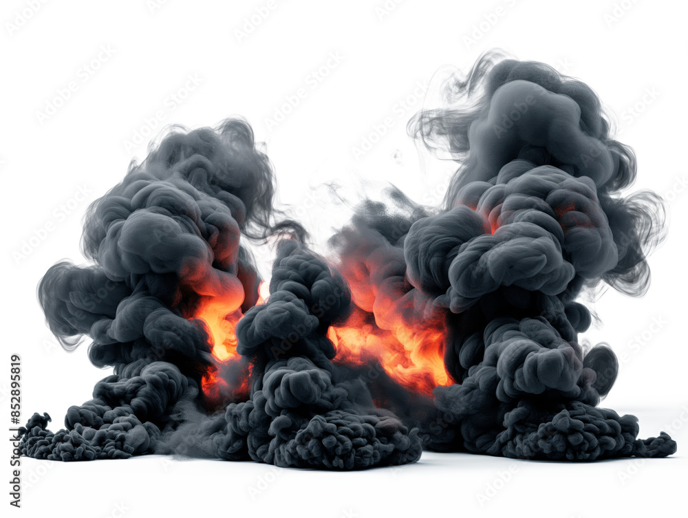 Poster an image of billowing smoke and fire, presented on a white background, evoking dangers of fire and p