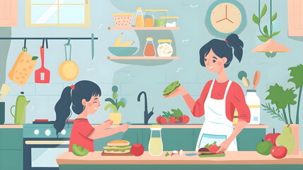 Healthy Eating Mother Daughter Kitchen Preparation Vegetables Sandwich