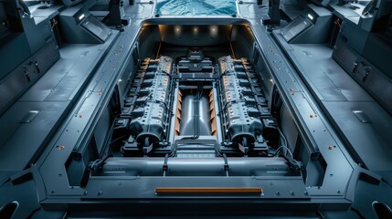 Crosssectional view of an electric ships battery compartment, innovative marine design theme, front view, highlighting internal structure, advanced tone, complementary color scheme
