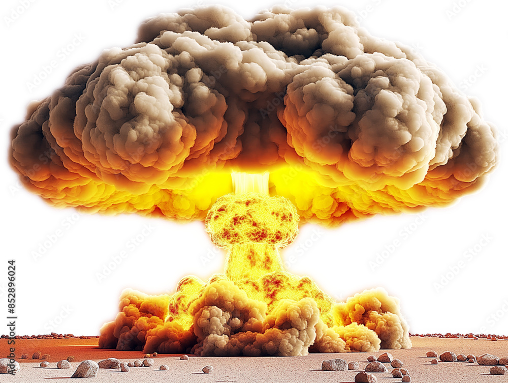 Poster a simulated mushroom cloud explosion on a white background, illustrating a concept of destruction. g