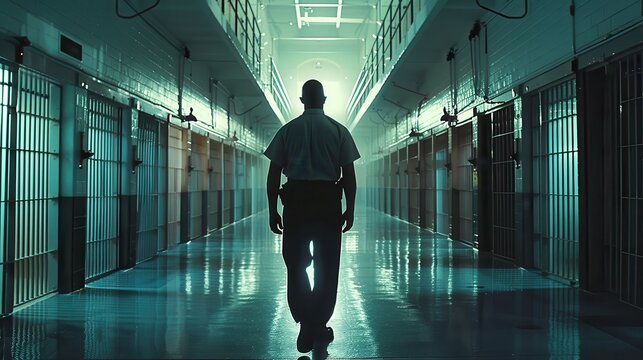A prison guard walking down a dimly lit cellblock corridor, emphasizing security, law enforcement, and the prison system.