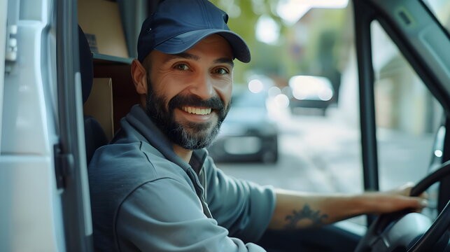 Smiling Delivery Man Driving Commercial Vehicle City