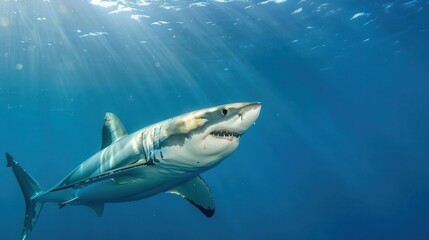 Fototapeta premium great white shark swimming in the depths of the blue ocean powerful marine predator underwater wildlife photography