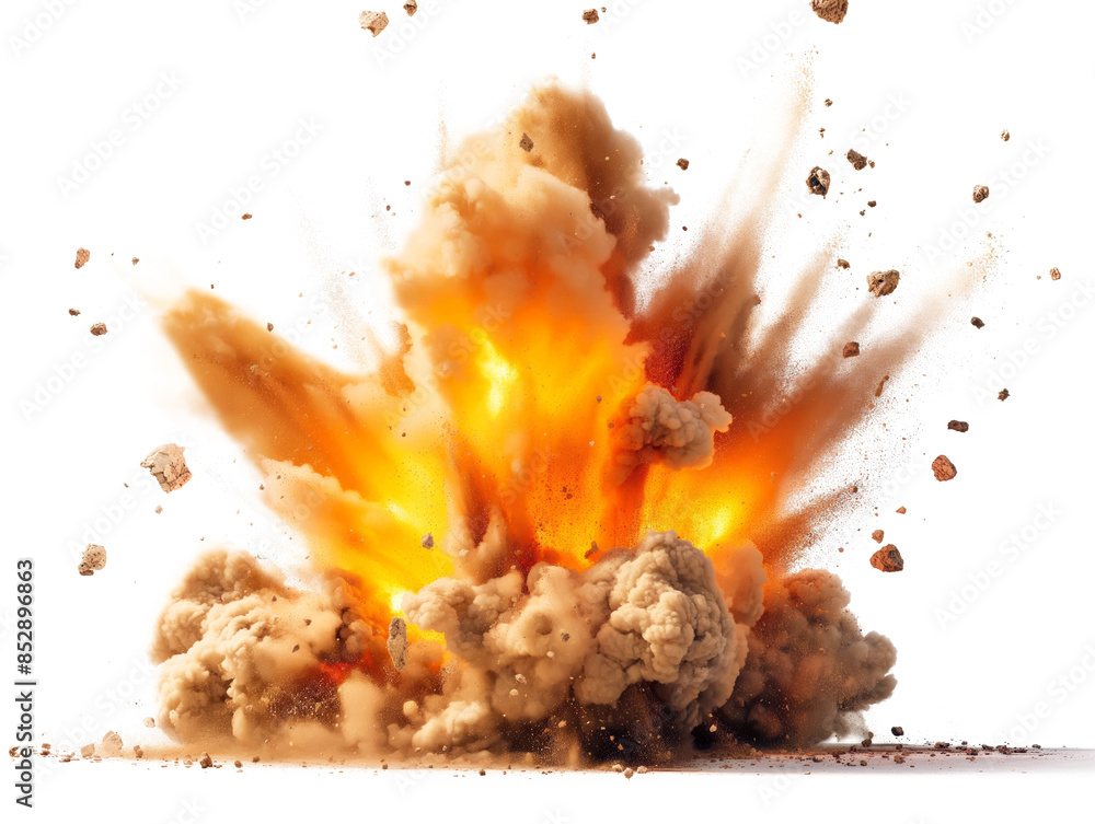 Poster an explosion with intense flames and smoke against a white background, concept of danger. generative
