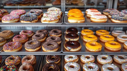 Indulge in the tempting display of a metal shelf in the bakery showcasing an assortment of fresh and mouthwatering donuts Each tray offers a unique variety of flavors that are sure to tantal