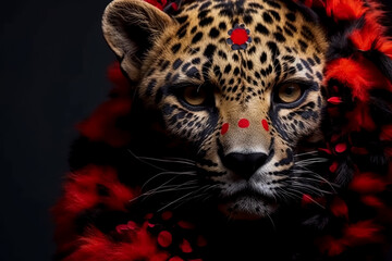 A cheetah wearing a red and orange outfit with a bow on its head.