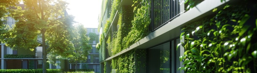 Fototapeta premium Green building with integrated battery system and rooftop solar panels, sustainable architecture theme, side view, showcasing energy independence, futuristic tone, vivid