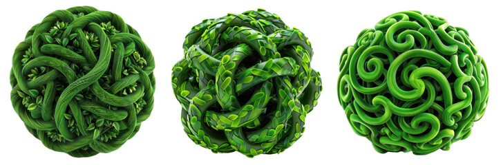 Fototapeta premium Green Spherical shapes intertwined with green vines and leaves, Nature's geometry on a transparent background.