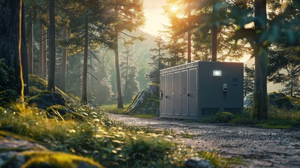 Energy storage unit in a remote forest location, ecofriendly power theme, side view, highlighting renewable energy solutions, digital tone, vivid